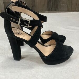 Vince Camuto Shayla Black Suede Platform Ankle Strap Heels 8.5M Chunky Retro EUC